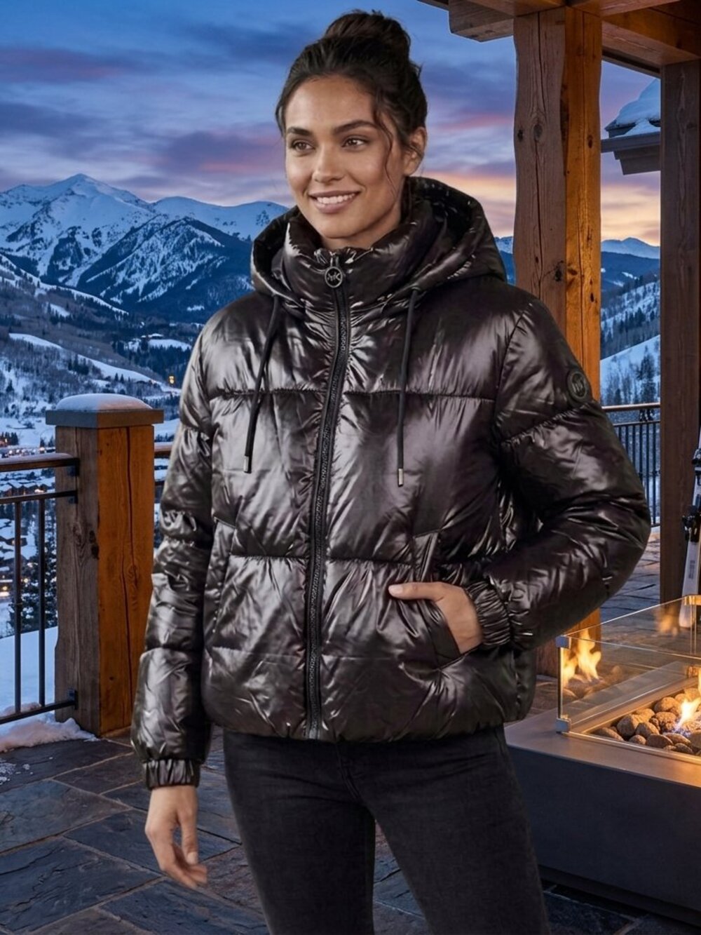 Michael Kors Shiny Hooded Puffer Jacket - M426594A28 - Black - LARGE NWT